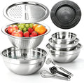 Stainless Steel Mixing Bowls with Lid and Colander Set | Size 6.3, 4.3, 3.6, 2.9QT,9Pcs Multipurpose Kitchen Metal Bowls with Grater,Colander,Egg Whisk,Separator for Baking Serving