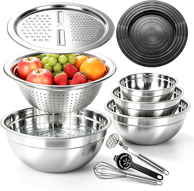 Stainless Steel Mixing Bowls with Lid and Colander Set | Size 6.3, 4.3, 3.6, 2.9QT,9Pcs Multipurpose Kitchen Metal Bowls with Grater,Colander,Egg Whisk,Separator for Baking Serving