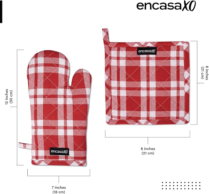 Encasa XO Oven Mitts and Pot Holders Set, Heat Resistant Cotton | Franca Red Checks, Diamond Quilted | Non-Slip Grip | Microwave & Oven Safe | Hanging Loop | Machine Washable | Set of 2