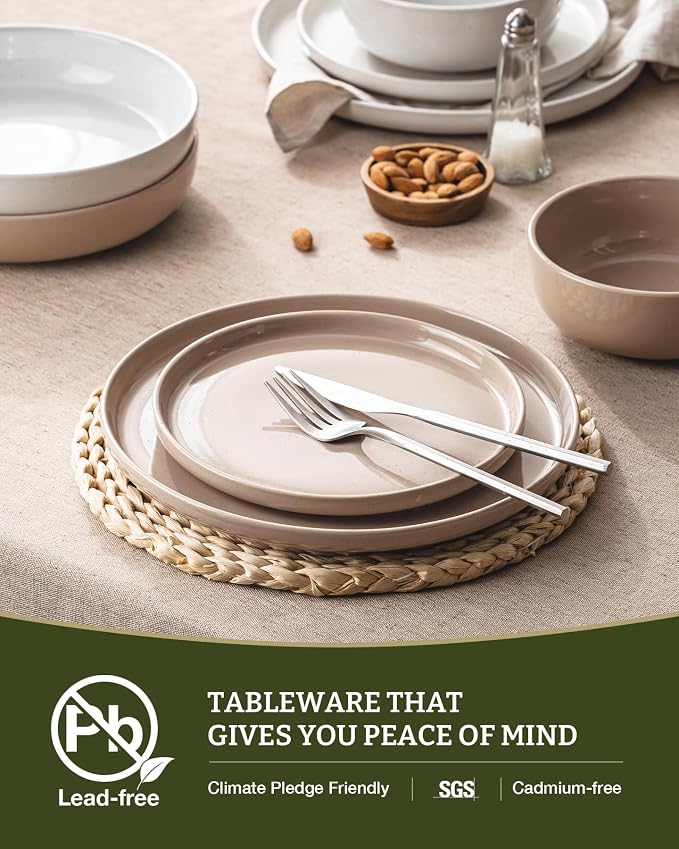 Famiware Milkyway 12-Piece Stoneware Dinnerware Set, White & Cinnamon Brown | Plates and Bowls for 4, Dishes Set for Everyday & Formal Use, Microwave & Dishwasher Safe, Chip & Scratch Resistant