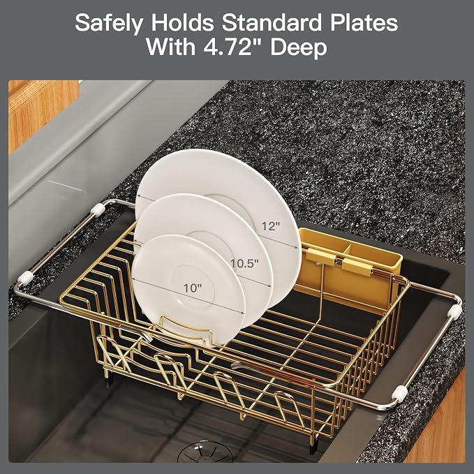 Gold Dish Drying Rack Over The Sink with Utensil Holder, Mat | Expandable Stainless Steel Dish Drainer for Small Kitchen, Apartment, RV, Counter Space Saving, Perfect Fit, Rustproof