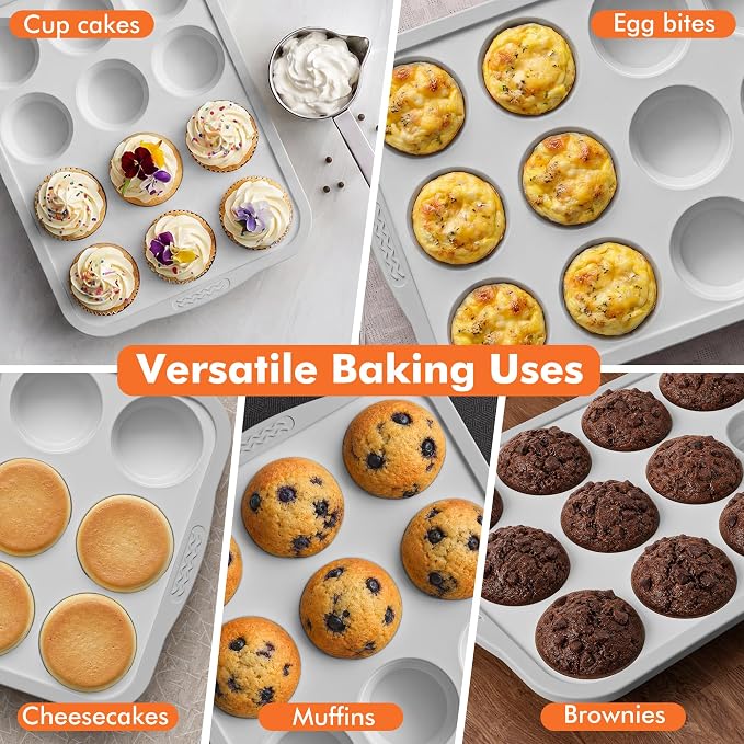 2 Pack Silicone Muffin Pan for Baking with Metal Reinforced Frame, Foldable 12 Cup Regular Size Nonstick Cupcake Pan, Muffin Tray for Baking, Dishwasher Safe Egg Bite Molds for Oven，White