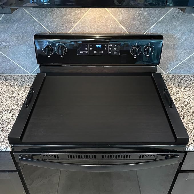 GASHELL Noodle Board Stove Cover with Handles for Electric, Gas Stove Top | 100% Bamboo, Black, Increases Countertop Space, Multi-purpose, used as Charcuterie Board, Serving Tray, Turkey Board