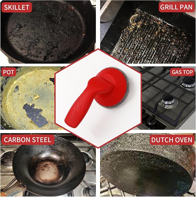 Cast Iron Cleaner Scrubber with Handle -Welded Chain Mail Cast Iron Cleaner | Large Round Cast Iron Brush,Dishwasher Safe, 316 Chainmail Sponge Scrub Cleaning Tool to Clean Skillet, Frying Pan, Wok, Oven