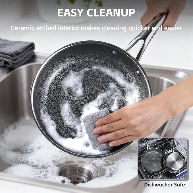 Ammeloo Hybrid Tri-Ply Stainless Steel Frying Pan Set, 8"/9.5"/11" Cooking Pans, Non Stick Frying Pans and Skillets, Chef Pan, Non Toxic, Dishwasher Safe, Induction Compatible, Black Interior