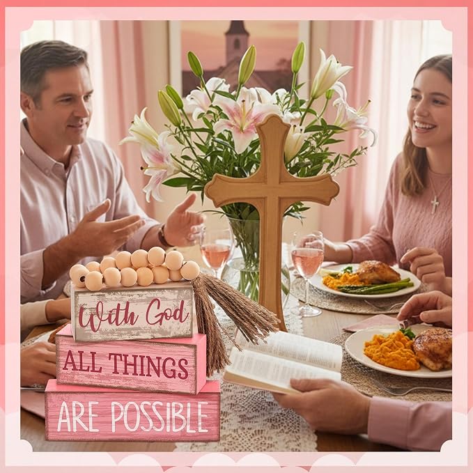 Lineshading 4 Pcs Christian Table Decor Pink God All Things are Possible | Prayer Room Shelf Decor, Christian Home Accents, Tiered Tray Books Style, Rustic Faith Quote, Tabletop Gift for Believers