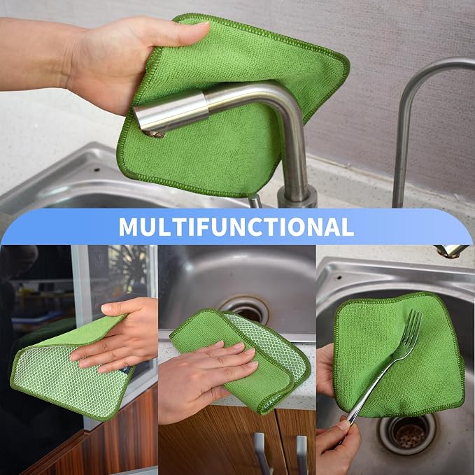 Dish Cloths for Washing Dishes with Scrub Side, Microfiber Dish Rags | Dual-sided microfiber dish cloths with scrubber for stuck-on food, quick dry kitchen washcloths 9 Pack, 7" x 7 Inch Green