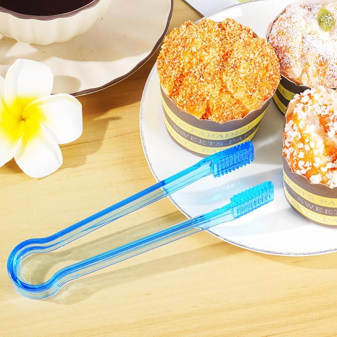 10 Pcs Plastic Buffet Serving Tongs, Clear Blue Kitchen Tongs Mini Serving Utensil Tongs for Food Ice Salad Buffet Barbecue Cookies, 6.3 Inches