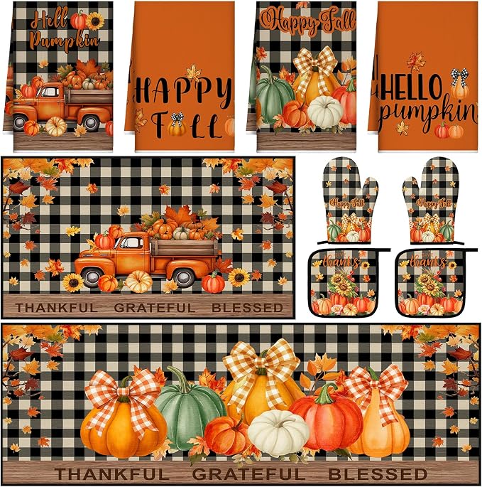 Fourluoo 10 Pcs Kitchen Dish Towels Rugs Oven Mitts and Pot Holders Set Farmhouse Kitchen Decor Set for Women Mom Daughter Gift Cooking Baking Grilling(Harvest Color,Pumpkin)