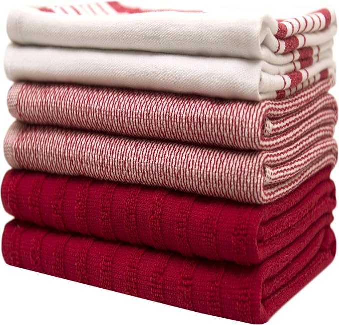 Premium Kitchen Towels 6 Pack 100% Cotton 20"x28" Dish Towels Red Striped | Large Flat & Terry Kitchen Linen Set with Hanging Loops, Highly Absorbent for Washing and Drying Dishes