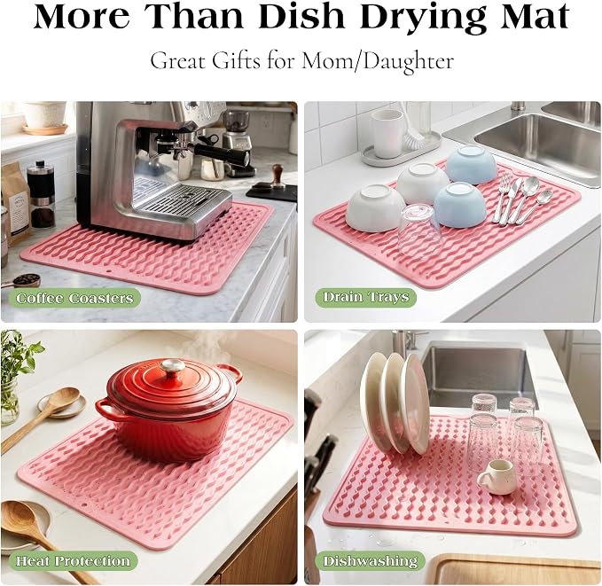 CAKETIME 2 Pack Multicolor Silicone Dish Drying Mat for Kitchen Counter Cooking Baking Liners Drawer Espresso Machine Station Utensil Holder Washer Trivets Oven Chef Gifts Extra Large 18"x16" Pink