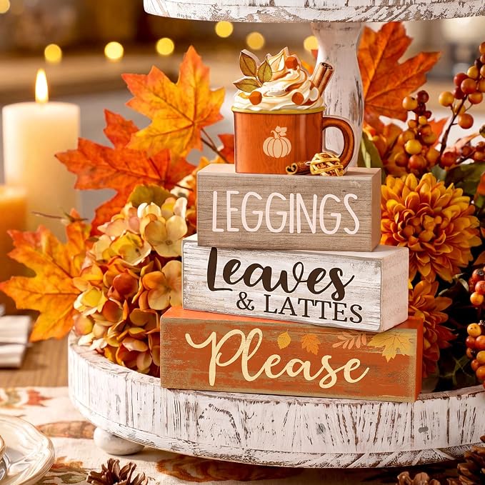 Lineshading 4 Pcs Fall Wood Block Signs Farmhouse Tiered Tray Decor Lattes | Rustic Tabletop Home Styling, Stacked Design with Pumpkin Cup Topper, Autumn Leaves Theme for Seasonal Gifting Display