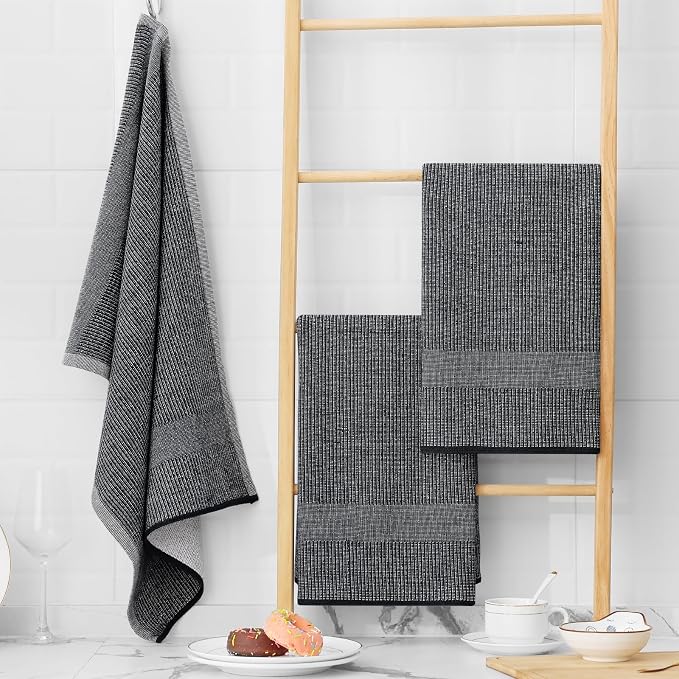Homaxy 380 GSM Cotton Premium Kitchen Towels 12 Pack, 18"x 28", Black | Flat and Terry Dish Towels, Highly Absorbent Tea Towel Set with Hanging Loop, Soft Utility Kitchen Hand Towels