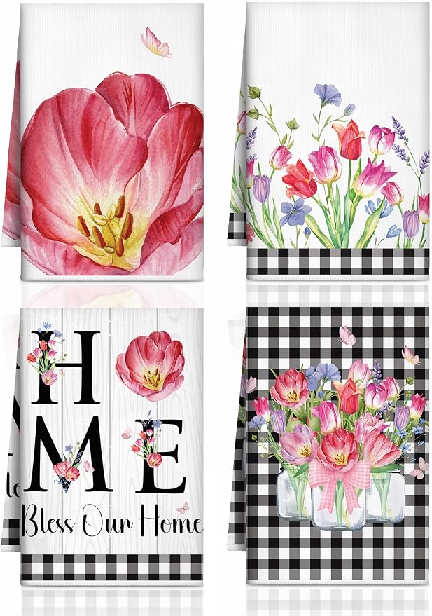 4 Pcs Tulip Kitchen Towels Floral Flower Hand Dish Towels | Pink White Wildflower Fast Drying Decorative Tea Dishcloth Housewarming Gift for Women Home Cooking Kitchen Bathroom Decor