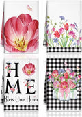 4 Pcs Tulip Kitchen Towels Floral Flower Hand Dish Towels | Pink White Wildflower Fast Drying Decorative Tea Dishcloth Housewarming Gift for Women Home Cooking Kitchen Bathroom Decor