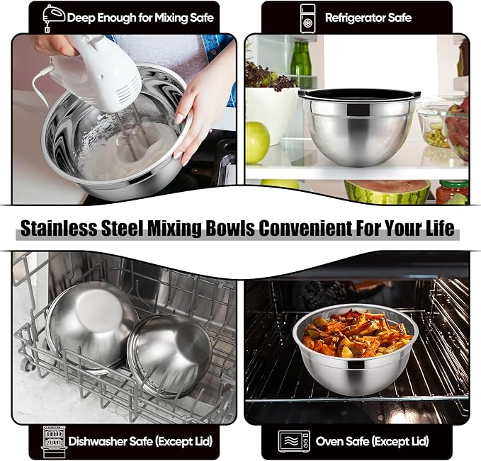 P&P CHEF Metal Mixing Bowls with Lids Set, Airtight Lids & Black | 5 PCS Stainless Steel Mixing Nesting Bowls for Kitchen Prepping, Storing, Healthy & Easy Clean, Size 4.6, 3, 1.5, 1, 0.7 QT