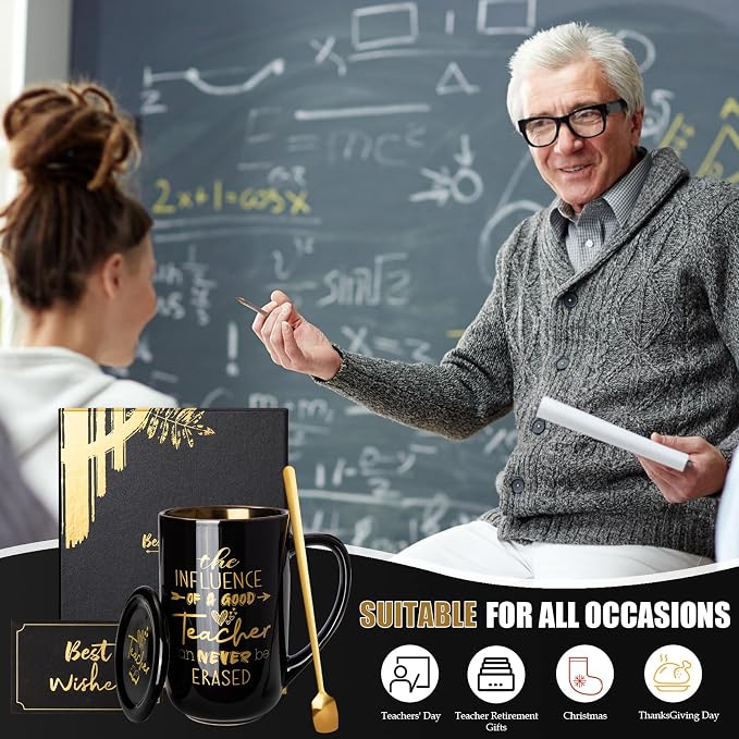Teacher Gifts, Teacher Appreciation Gift Set 18oz Coffee Mug | Metal Glaze Ceramic Mug, Lid, Spoon, Card, Gift Box, Ideal for Back to School, Retirement and Thank You Teacher Gifts for Men