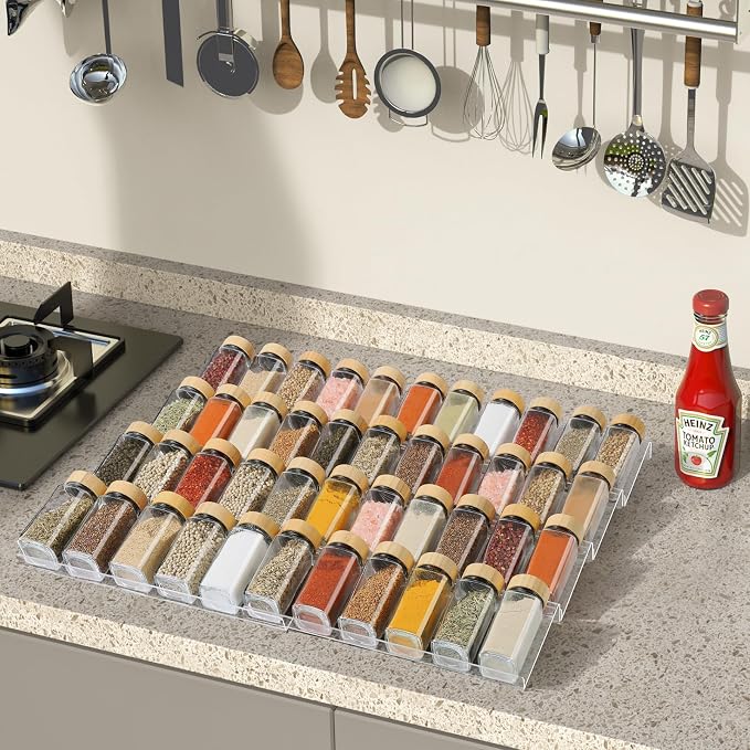 Spice Drawer Organizer 4 Tier, Acrylic Seasoning Organizer Rack, Large | Clear Spice Rack Tray, Kitchen Seasoning Jars Drawers Insert (Jars Not Included/ Expandable From 13" to 26")