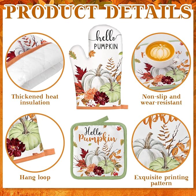 Fanfanwin 10 Pcs Fall Kitchen Decor and Accessories Set Pumpkin Kitchen Towels Maple Leaves Pot Holders Oven Mitts and Rugs Set for Home Decorations Cooking Baking Housewarming Gifts