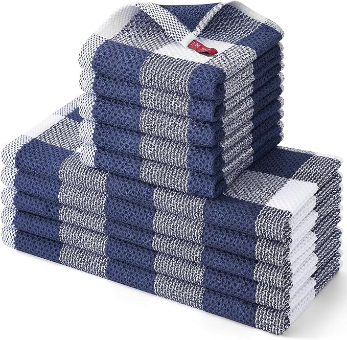 Homaxy Kitchen Towels and Dishcloths Set, Set of 10, White & Navy Blue | Bulk Cotton Waffle Weave Check Plaid Kitchen Towels, Super Soft and Absorbent Dish Cloths, 12 x 12 and 13 x 28 Inches