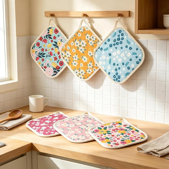 6 Pack Pot Holders 100% Cotton Heat Resistant Potholder, Machine Washable Pot Holder, Hot Pads, Table Pads for Cooking Baking (X)