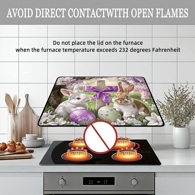 Easter Theme Glass Stove Top Cover Protector,Heat Resistant Range Ceramic Stove Top Covers Mat,Easter Eggs & Bunny Cooktop Protector,Cherry Blossoms Glass Cooktop Protector
