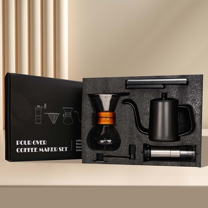 Coffee Pour Over Set, Dripper Pour Over Coffee Maker Kit with Kettle | Complete Coffee Maker Set with Pour Over Scale and Manual Coffee Grinder, Coffee Dripper and Filter Set, Coffee Gift Set