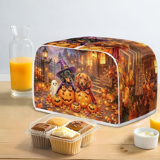 Dachshund Print Bread Machine Cover Pumpkin Ghost Print Toaster Cover 2 Slice Wide Slot Small Kitchen Appliance Covers for Halloween Decorations
