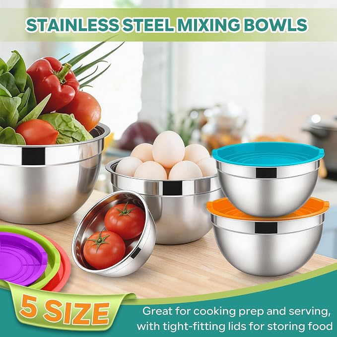 E-far Mixing Bowls with Lids Set, Stainless Steel Salad Bowls, Colorful | 10-Piece Metal Nesting Bowls with Airtight Lid for Kitchen Cooking, Baking/Prepping, Dishwasher Safe, 0.7/1.5/2.1/3/4.6 QT