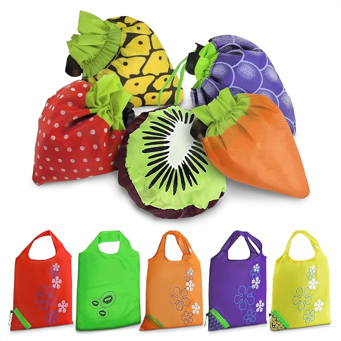 5 Pcs Reusable Grocery Fruit Bags, 15"x15", Washable Tote Bag (5 Colors) | Micro Tote Bag; Polyester Fabric; Wrist Strap, Fruit Shape Design; for Grocery Shopping, Beach Trips, Work, Picnics, and More