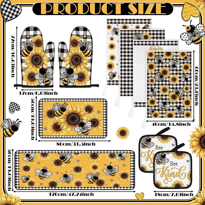 Fourluoo 10 Pcs Bee Kitchen Decor Set Kitchen Towels Rugs Oven Mitts and Pot Holders for Bee Festival Cooking Baking Grilling Gift