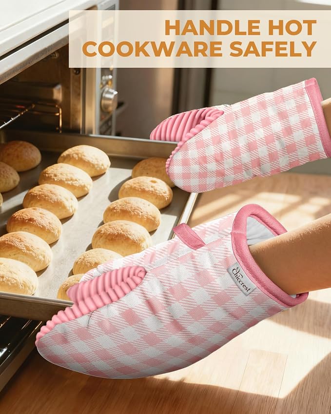 100% Thick Cotton Oven Mitts Ribbed Soft Silicone Pink Gingham | Aesthetic Oven Mitts for Women, Machine Washable Non-Slip Kitchen Mitts, Reversible for Both Hands, Stylish Kitchen Decor