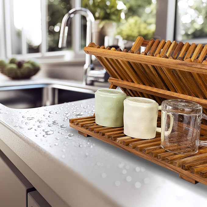 Utoplike Teak Dish Drying Rack Collapsible, Large Dishes Draine 3 Tier | Foldable Large Capacity Dish Draine, Space-Saving Countertop Kitchen Organizer for Plates, Cups