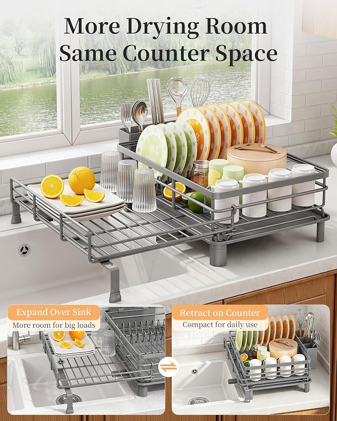 SAYZH Expandable Dish Drying Rack for Kitchen Counter, Metal, Grey | Foldable Over Sink, Large Capacity, Rust-Resistant, Adjustable for Most Sinks, Automatic Drainage, Removable Utensil Holder
