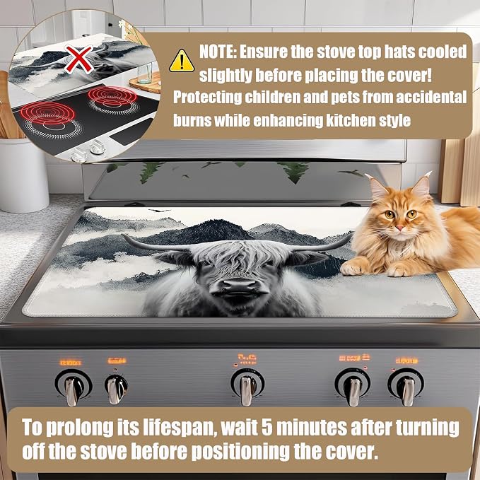 Highland Cow Mountain Stove Top Covers for Electric Stove, Electric Gas Stove Pad Heat Resistant Range Cooktop Protector for Home Decor Kitchen 28"x20"