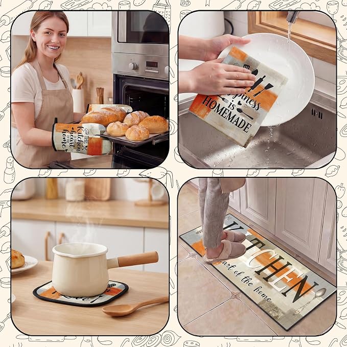 10 Pcs Kitchen Decor and Accessories Set, Orange Beige | 4 Dish Towels Kitchen Rugs 2 Oven Mitts 2 Pot Holders, Home Decor for Cooking Baking BBQ Gifts Women Mom Housewarming