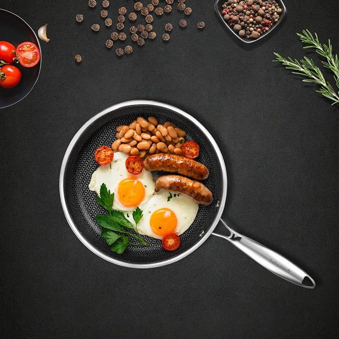 SAKAMOSH 8" Hybrid Nonstick Frying Pan, Stainless Steel, Induction Safe | PFAS/PFOA/PTFE-Free Ceramic Pan, Dishwasher & Oven Safe, Stay-Cool Handle,Compatible with All Cooktops
