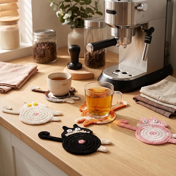 Cat Gifts for Cat Lovers 5PCS Cat Coaster Woven Creative Cat Coaster