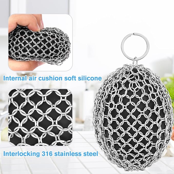 Cast Iron Scrubber Chainmail Set – 316 Stainless Steel Dish Scrub Brush for Cast Iron Skillet Pan Cleaner, Dutch Oven, Wok & Non-Stick Cookware | Dishwasher Safe – 2Pack