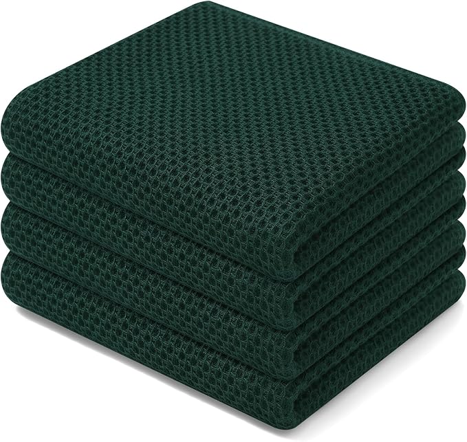 Homaxy 100% Cotton Waffle Weave Kitchen Dish Towels 4-Pack, Blackish Green | 13 x 28 Inches, Ultra Soft Absorbent Dish Towels, Quick Drying Cleaning Towels
