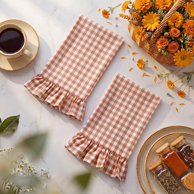 HunnmingRe 2 Pcs Orange Gingham Kitchen Towels Cotton Ruffled | Checked Dish Towels 18"x28" Tea Cloths Plaid Cottage Core Kitchen Decor for Farmhouse Charm Drying Dishes Entertaining Guests