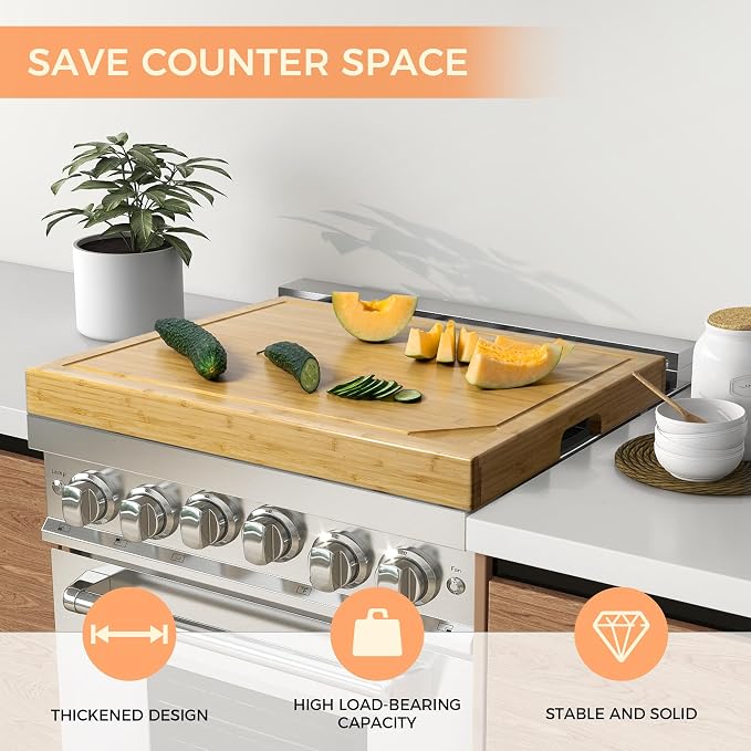 Fun Memories Noodle Board Stove Cover - Bamboo Wood Top Covers for Electric and Gas Sink RV 30 inL x 22 inW x 2.5 inTh Raised Cutting with Legs Juice Grooves
