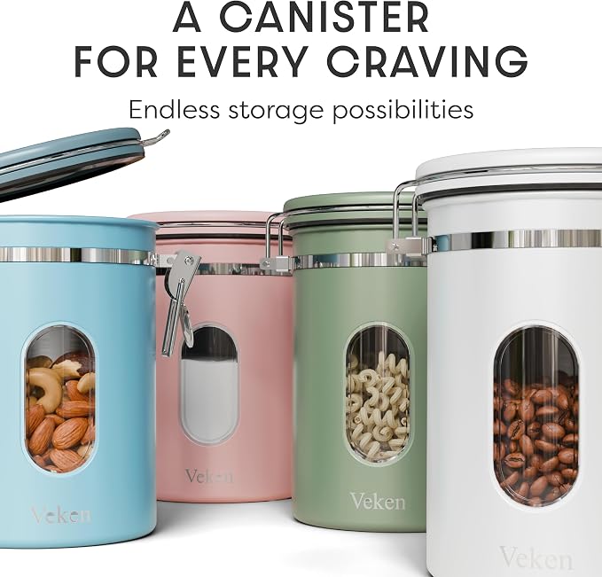 Veken Coffee Canister with Window, Airtight Stainless Steel Container, 22OZ | Date Tracker,Kitchen Food Storage Organizers for Beans, Ground, Espresso, Rice,Tea, Sugar,Cereal, Gifts,Lids,Jars,Scoop,White