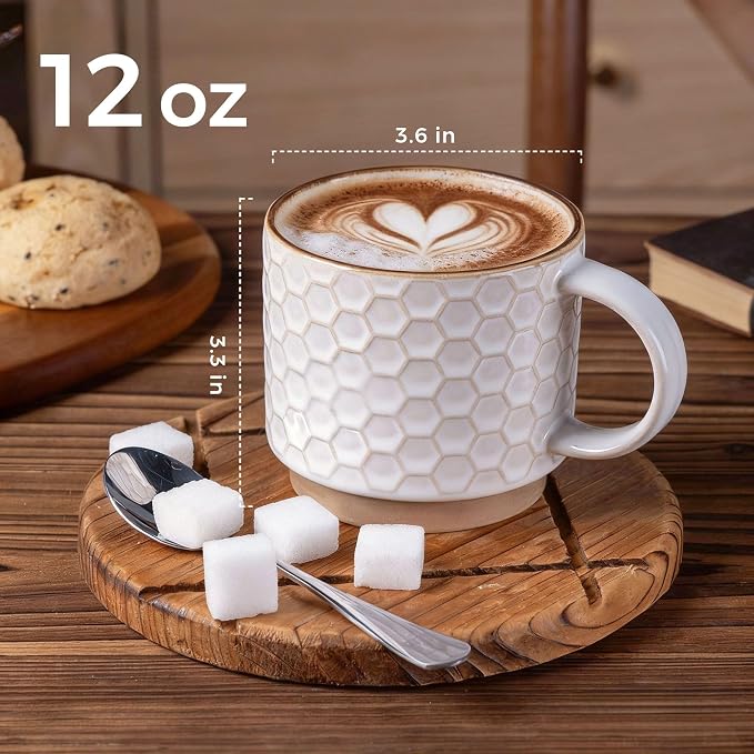 GBhome 12 OZ Stackable Coffee Mugs Set of 4, Ceramic Coffee Cups Set | 4 Assorted Designs, Embossed Mugs with Texture Patterns for Tea/Coffee, Dishwasher&Microwave Safe, Off White