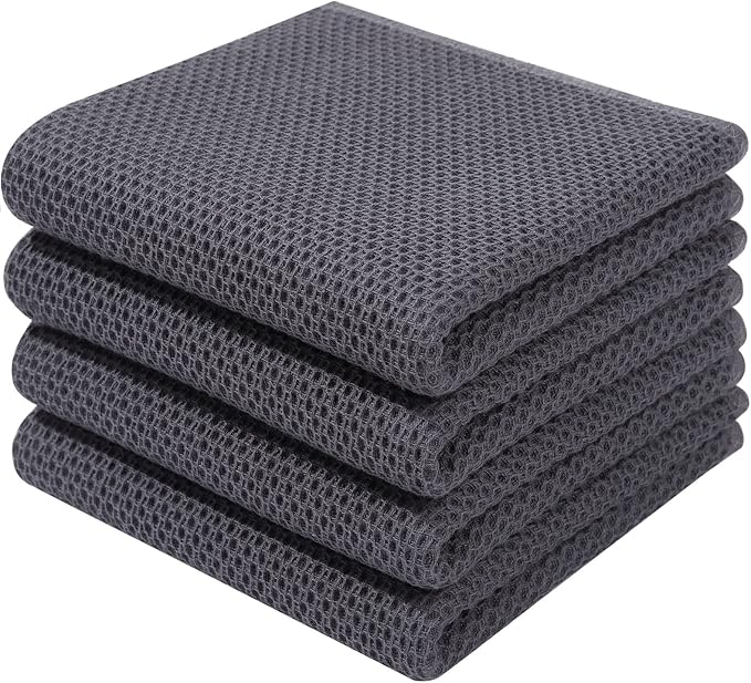 Homaxy 100% Cotton Waffle Weave Kitchen Dish Towels 4-Pack, Dark Grey | 13 x 28 Inches, Ultra Soft Absorbent Dish Towels, Quick Drying Cleaning Towels