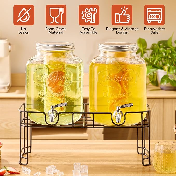 1.5 Gallon Glass Drink Dispensers for Parties, 2PACK Beverage Dispenser with Stand, Ice Cylinder and Stainless Steel Spigot 100% Leakproof, Beverage Dispenser for Lemonade Sun Tea