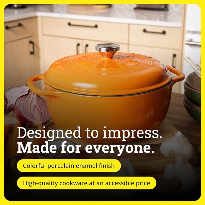 Lodge Essential Enamel Cast Iron Dutch Oven 6 Quarts - Perfect for Bread Baking, Braising, Marinating & Slow Cooking, Features Moisture-Sealing Lid & Dual Handles, Kitchen Essentials, Pumpkin