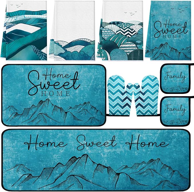 Fourluoo 10 Pcs Landscape Kitchen Dish Towels Rugs Oven Mitts and Pot Holders Set Farmhouse Kitchen Decor Set for Women Mom Daughter Gift Cooking Baking Grilling (Ocean Green)