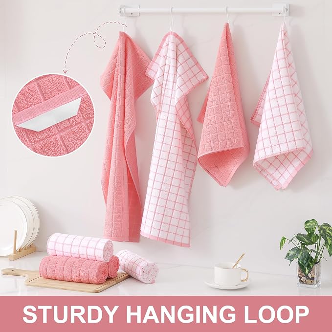 Homaxy Large Premium Cotton Kitchen Towels 16"x 28", 4 Pack, Pink | Natural Ring Spun 390 GSM Dish Towels, Super Absorbent Terry Kitchen Hand Towels, Soft Tea Towels with Hanging Loop