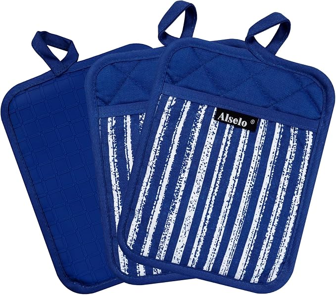 Alselo Silicone Pot Holders Set of 3 Heat Resistant & Non Slip Potholders | Professional Oven Hot Pads with Pockets Mitts for Kitchen Cooking Baking Barbecue (Cobait Blue, 3)